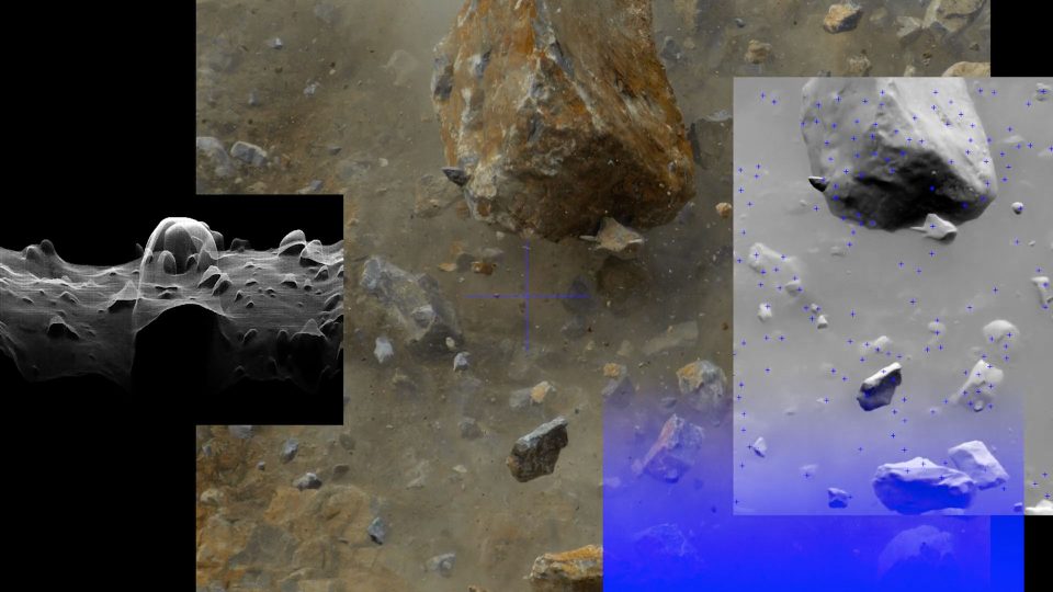 A digital collage inspired by Bonobo's "Me And You" music video, showing floating asteroid rocks against a dusty, space-like background. Two inset images appear: a grayscale asteroid close-up (left) and a blue-tinted asteroid field (right). Frame from Stash Magazine article.