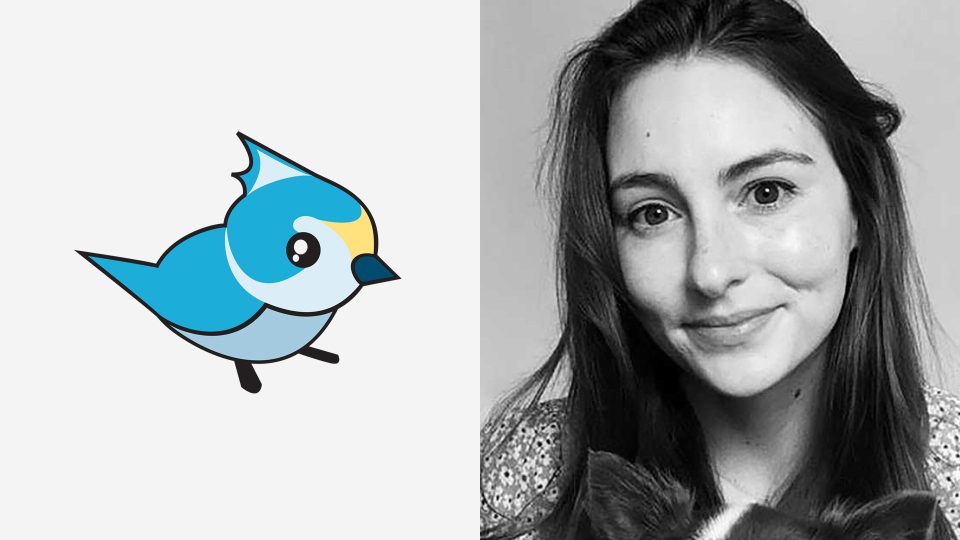 A split image: on the left, a cartoon blue bird with a yellow patch near its eye; on the right, a black-and-white photo of a smiling woman with long hair and her dog—echoing the creative vibe of Breaking-Into-Animation-14-Tips-for-Junior-Applicants-by-Rachel-Ashley. Frame from Stash Magazine article.