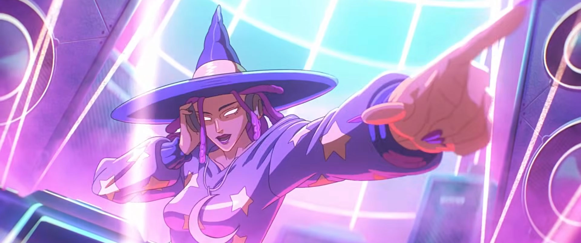 A DJ wearing a star-patterned wizard hat and robe points dramatically while performing, surrounded by vibrant neon lights and futuristic equipment—like stepping into Breaking-Into-Animation-14-Tips-for-Junior-Applicants-by-Rachel-Ashley. Frame from Stash Magazine article.