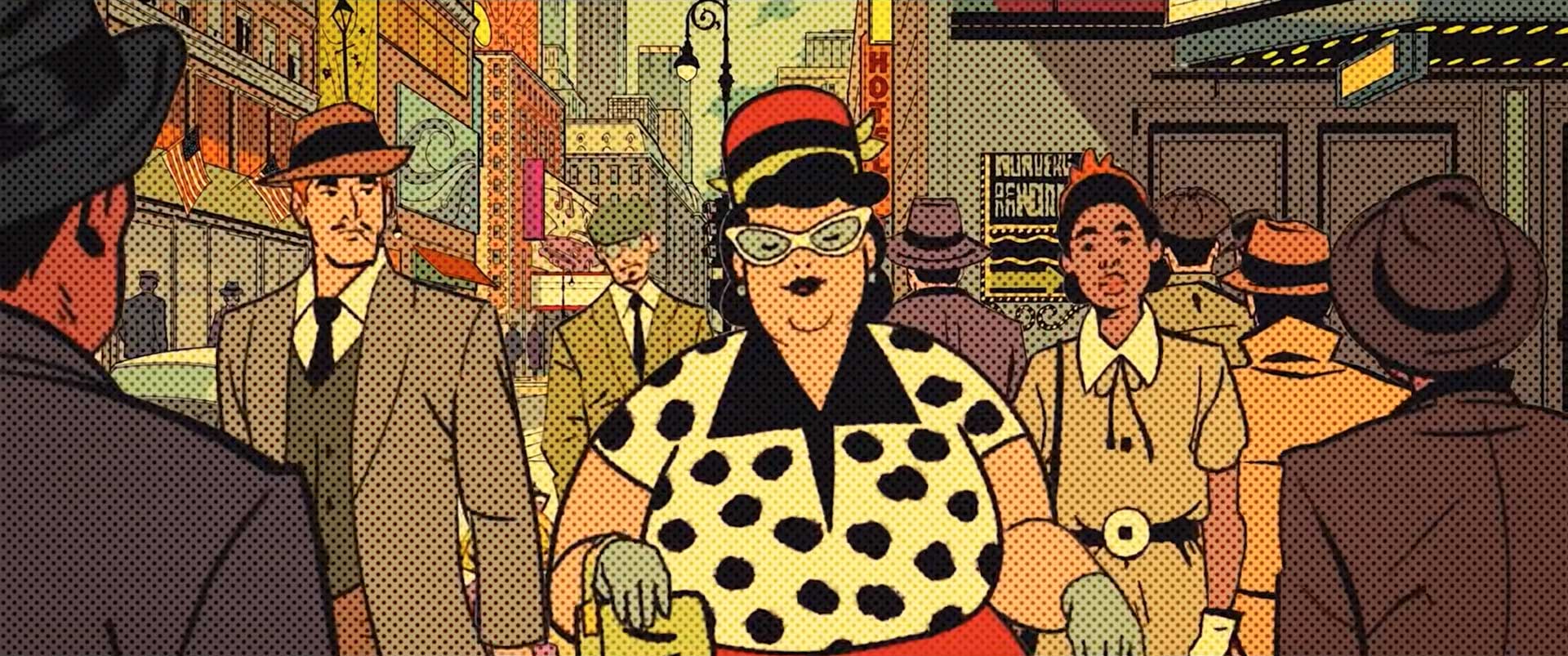 A colorful, retro-style comic illustration shows people in vintage clothing walking through a busy city street, inspired by Breaking-Into-Animation-14-Tips-for-Junior-Applicants-by-Rachel-Ashley. A woman with cat-eye glasses stands at the center. Frame from Stash Magazine article.