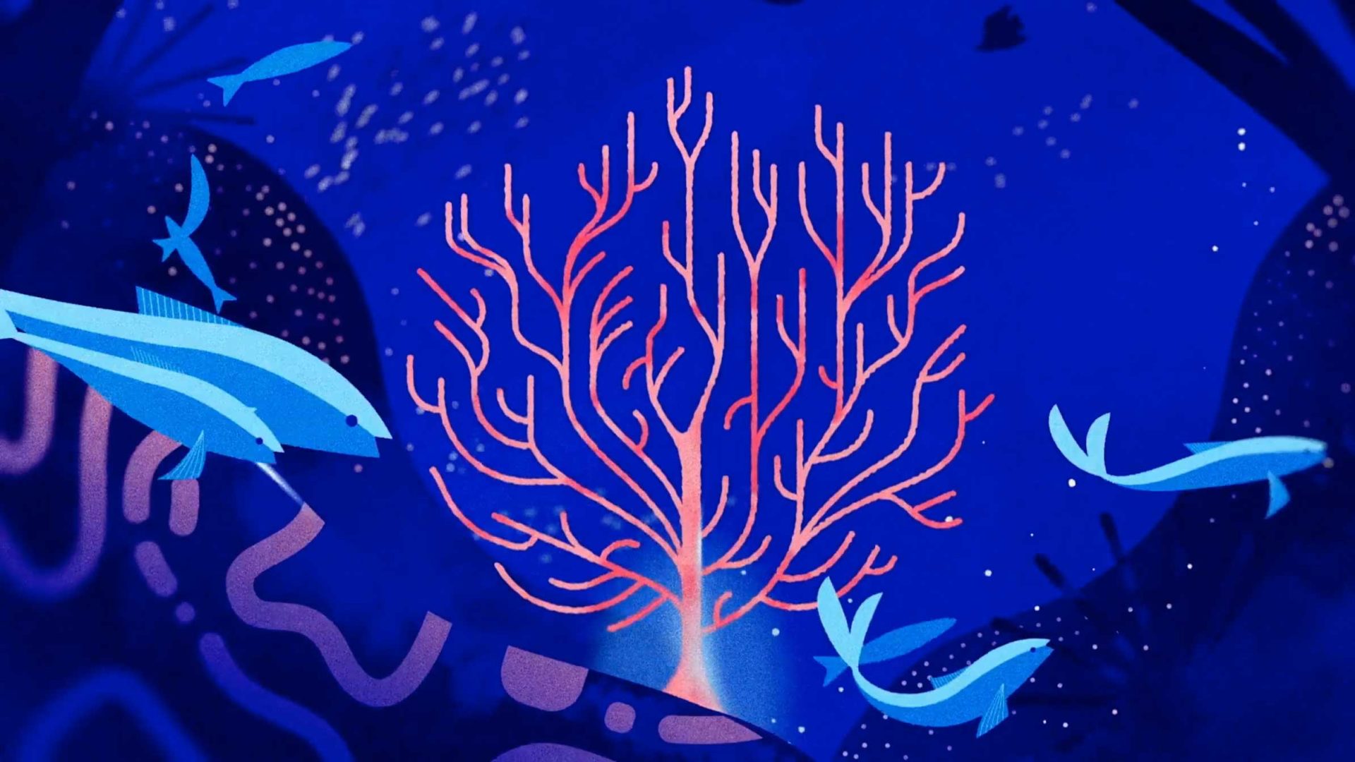 Illustration of a vibrant coral reef with orange coral branches and blue fish swimming in deep blue water. Abstract shapes and plant silhouettes evoke the spirit of Brume & Gunsmoke at the 2026 One Health Summit. Frame from Stash Magazine article.