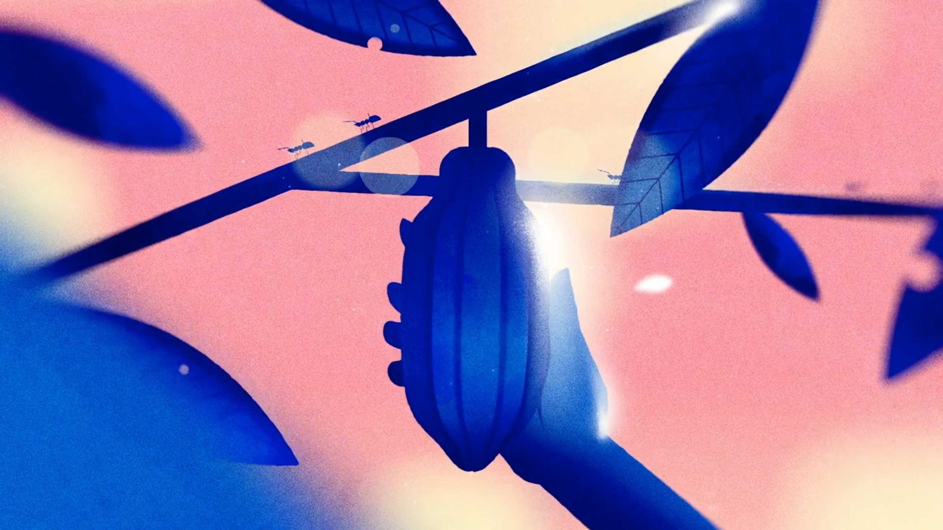 A stylized illustration of a hand reaching to pick a cocoa pod from a tree branch, with leaves and flying insects visible against a warm, pinkish background; inspired by the themes of Brume & Gunsmoke for the 2026 One Health Summit. Frame from Stash Magazine article.