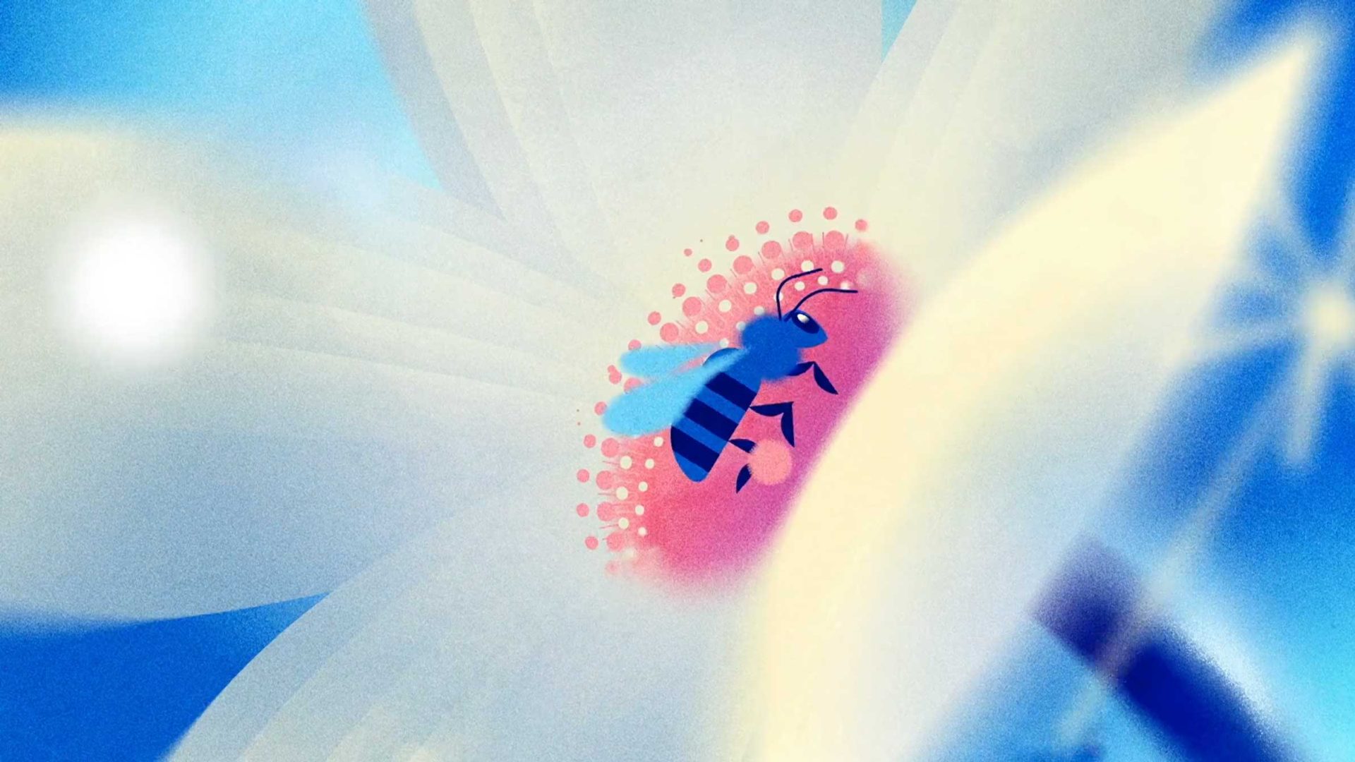 Illustration of a bee with blue wings and black stripes collecting pollen from the pink center of a soft white flower, set against a dreamy, brume-hued blue background inspired by the Gunsmoke Open One Health Summit 2026 for French Government. Frame from Stash Magazine article.