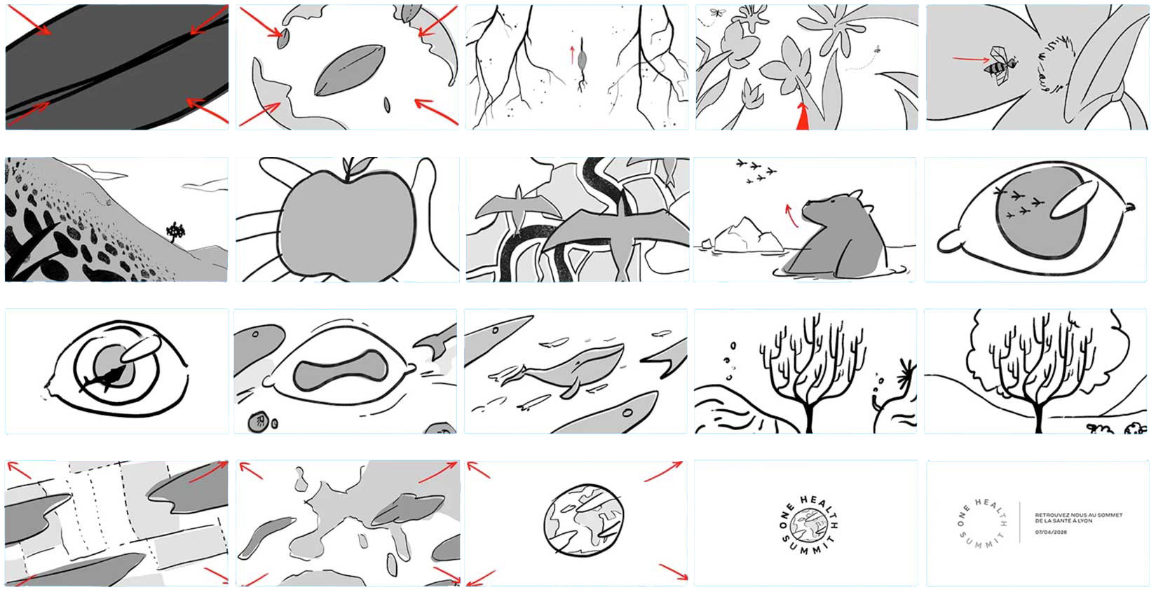 A grid of 20 black-and-white illustrations with red arrows, inspired by Brume & Gunsmoke, features abstract nature scenes, animals, plants, landscapes, fish, and circular logos—all neatly framed and hinting at themes from the upcoming 2026 One Health Summit. Frame from Stash Magazine article.