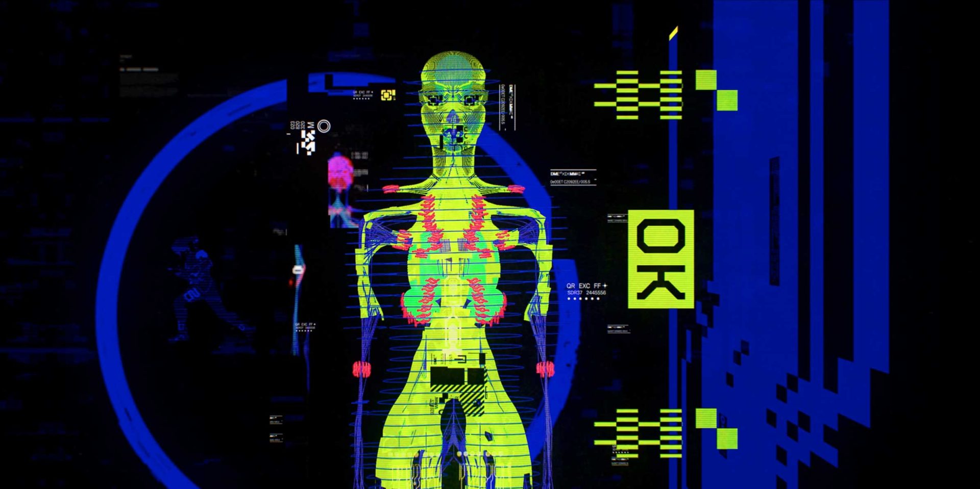 A neon-colored digital illustration of a human body with visible organs, surrounded by glitchy graphics and a bright green OK label on the right, set against a dark, high-tech background, evokes the intense atmosphere of a cinematic edit. Frame from Stash Magazine article.