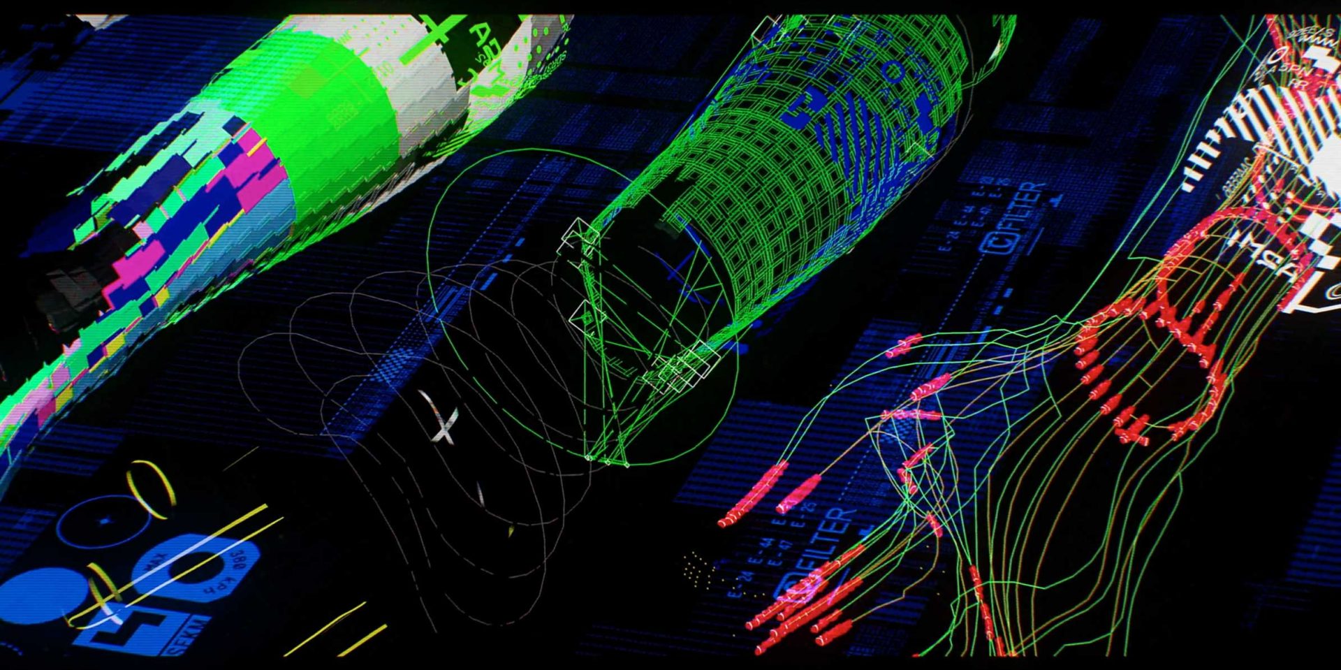 Abstract digital artwork with colorful, tangled lines, grids, and shapes over a dark background, resembling glitch art or a futuristic interface. Neon greens, pinks, and blues dominate the image—creating a dynamic, chaotic visual effect reminiscent of a cinematic edit. The frenetic energy suggests the intense pace of an AntibofyMarathon or flashes the haunting phrase “You Are Dead” within its vibrant chaos. Frame from Stash Magazine article.
