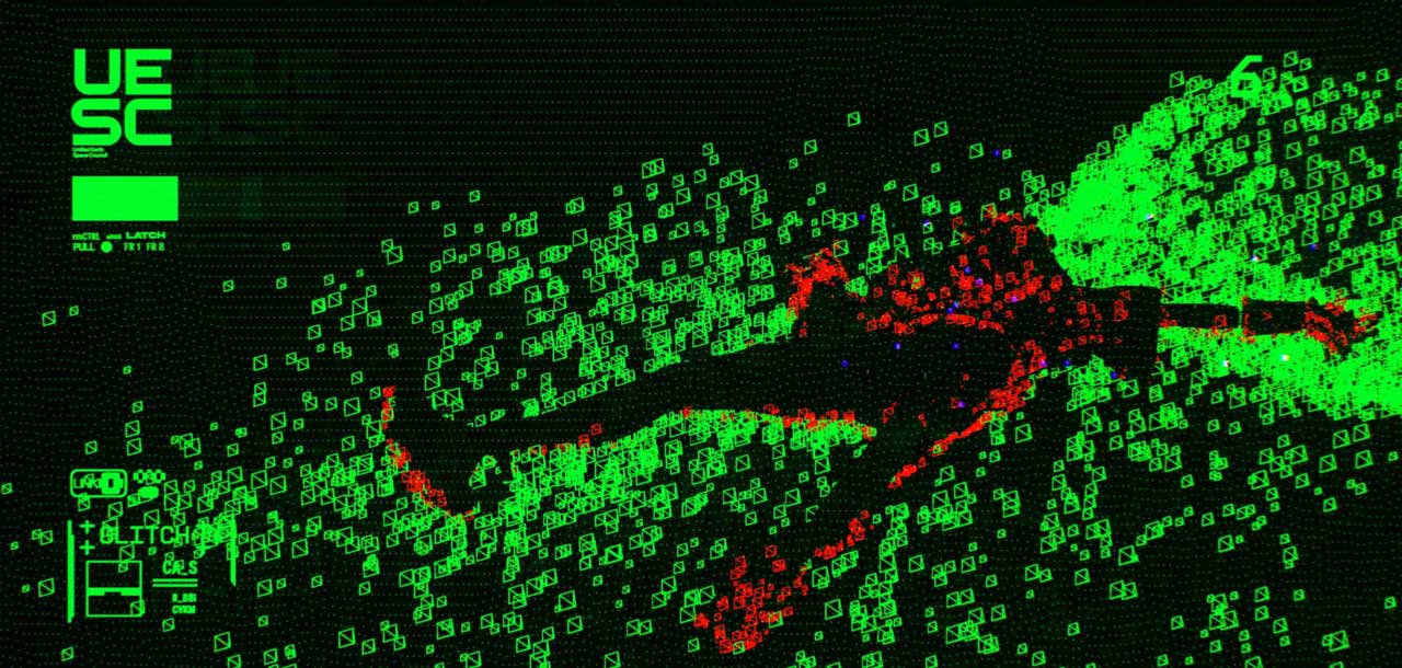 A digital art image with glowing green and red pixelated shapes forming a person surrounded by code symbols, a glitch effect, and large green letters UE SC on the left, presented in a bold Cinematic Edit style. The scene evokes an intense “You Are Dead” atmosphere, adding dramatic flair to the digital chaos. Frame from Stash Magazine article.