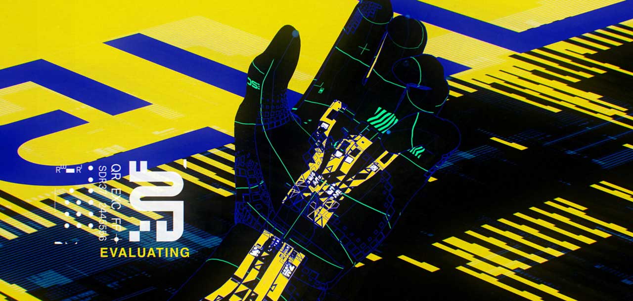 A digital illustration of a robotic hand with neon blue and green lines over a yellow and black background, featuring abstract shapes, text elements, and the phrase “You Are Dead” in a cinematic edit style. Frame from Stash Magazine article.