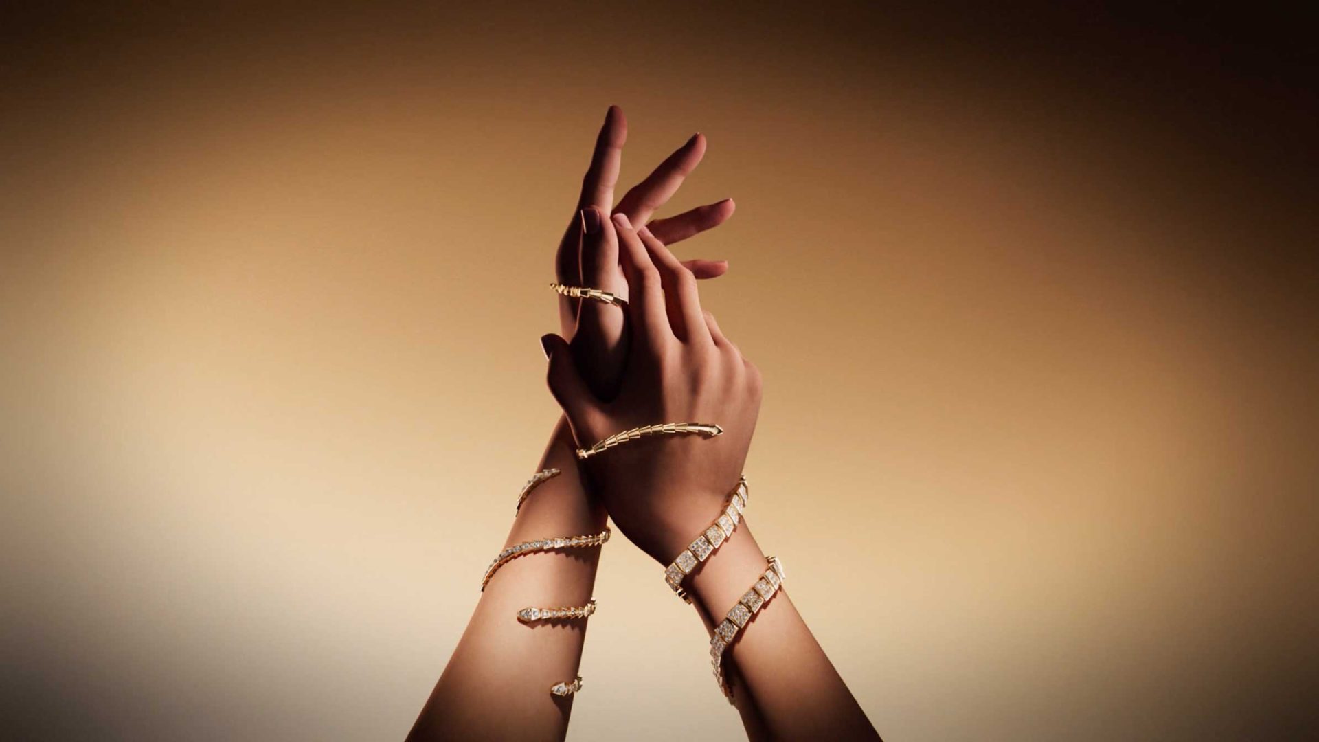 Two hands are raised and gently touching, with gold and diamond Bvlgari Serpenti bracelets elegantly wrapped around the wrists and fingers, set against a smooth, softly-lit brown gradient background—a visually striking Spec Spot inspired by the sophisticated aesthetic of Vladislav Evdokimov. Frame from Stash Magazine article.