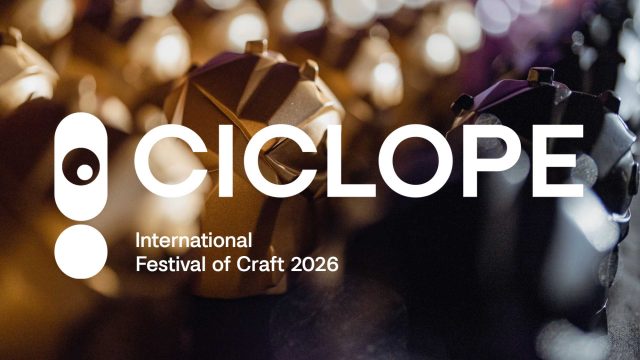 Close-up of geometric, metallic trophies with CICLOPE Berlin 2026 International Festival of Craft text overlaid in bold white lettering. Frame from Stash Magazine article.