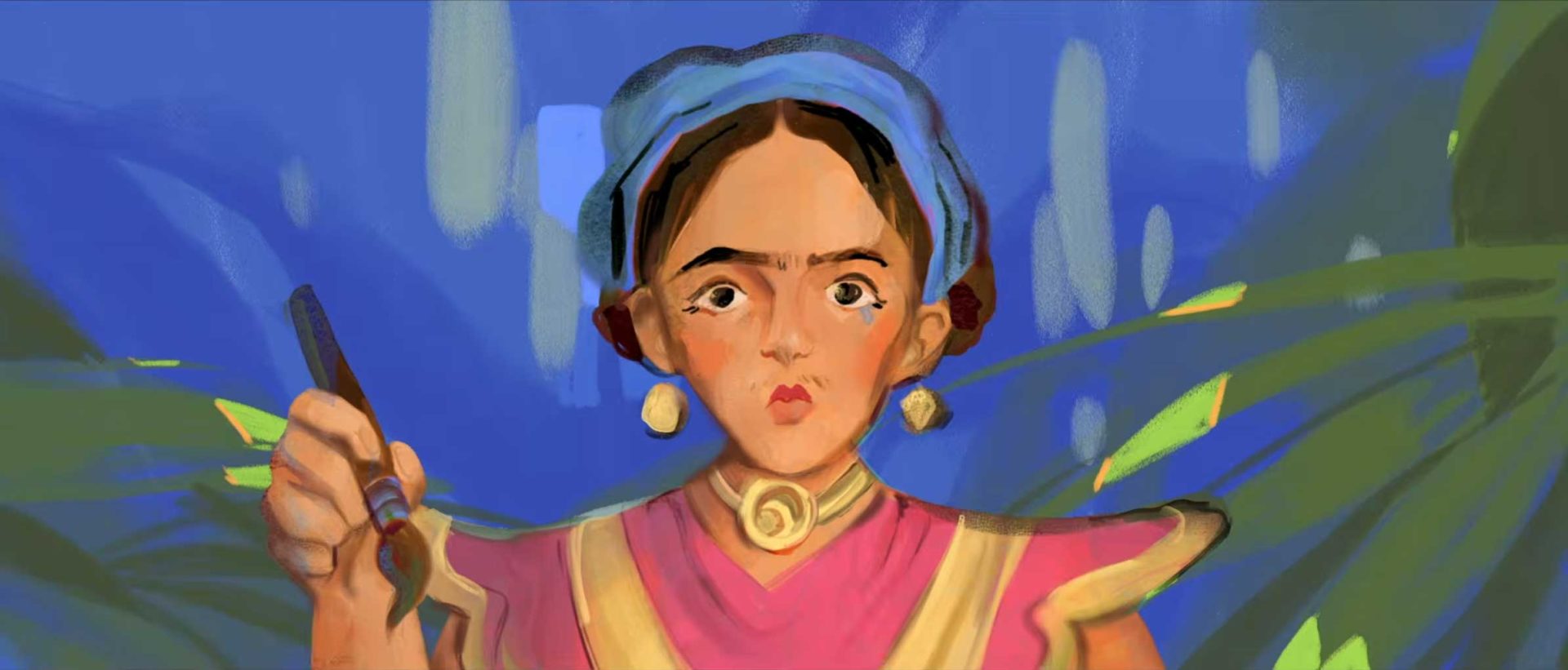 A digital painting of a woman with dark hair, wearing a blue headscarf, gold earrings, and a pink outfit, holding a paintbrush. The blue background features abstract shapes and green leaves, inspired by the CalArts Producers' Show 2026. Frame from Stash Magazine article.