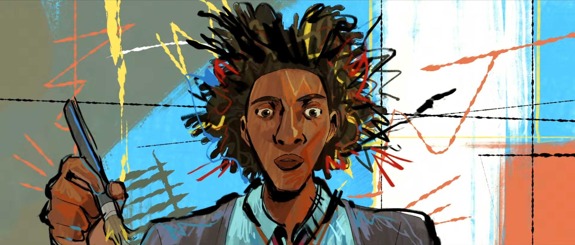 A digital illustration of a person with wide eyes and tousled hair holding a pen, set against an abstract background of colorful lines—capturing the surprise and inspiration of the CalArts Producers' Show 2026 opening. Frame from Stash Magazine article.