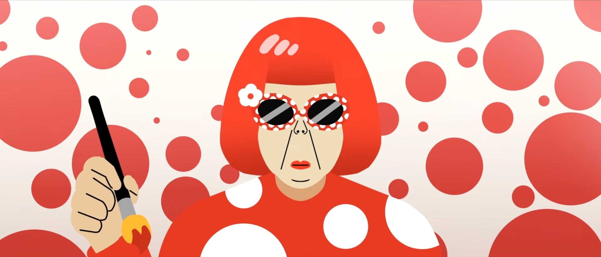 Illustration of a person with red bobbed hair, wearing red glasses with white flowers and a red polka dot outfit, holding a paintbrush. Large red dots cover the background—perfect for the 2026 CalArts Producers' Show to Stay in Character!. Frame from Stash Magazine article.