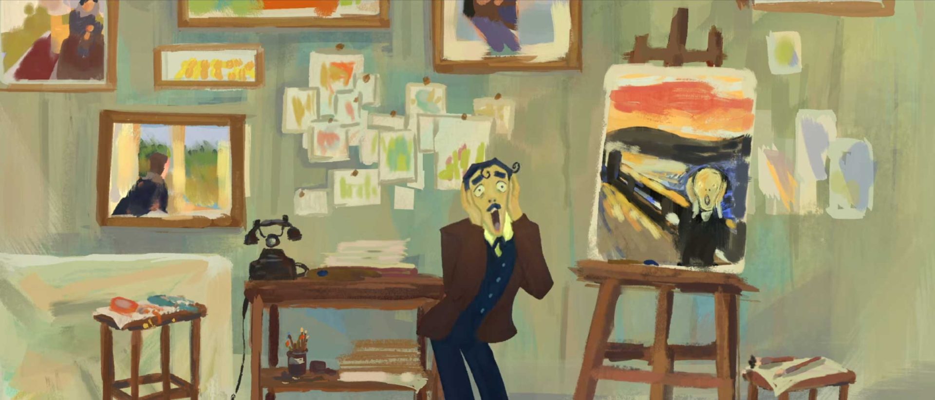 An animated figure resembling Edvard Munch stands shocked in an art studio, hands to face, mirroring The Scream—which appears unfinished on an easel for the Opening of the 2026 CalArts Producers' Show. Art supplies and sketches fill the room. Frame from Stash Magazine article.