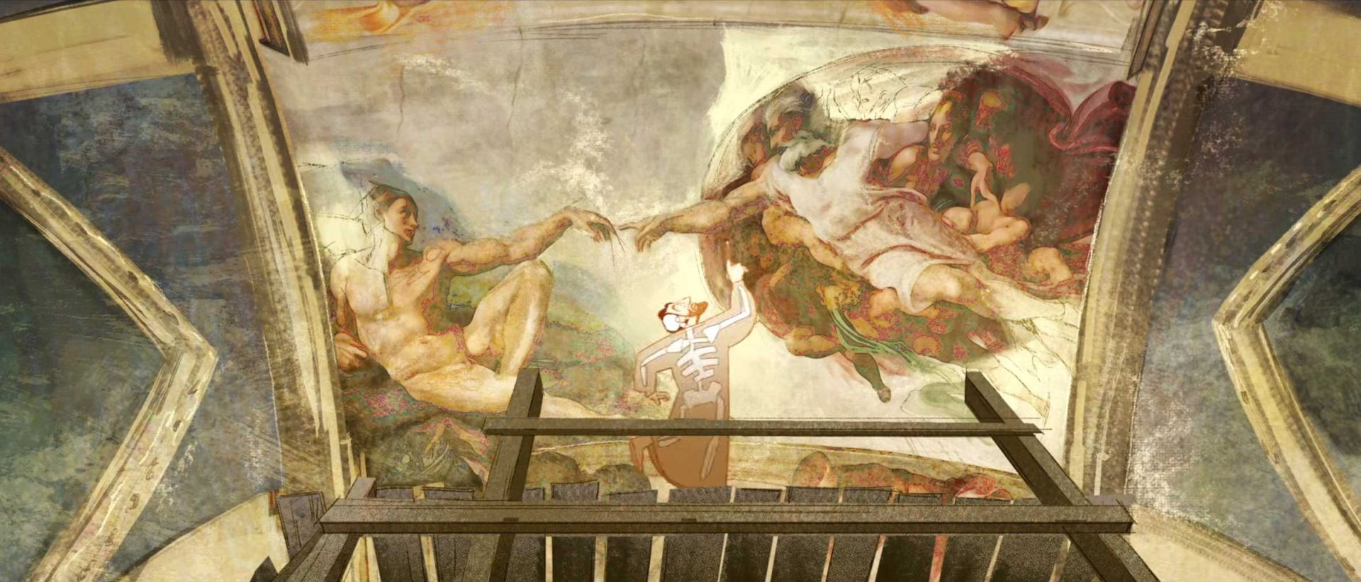 An artist stands on scaffolding, painting the famous Creation of Adam scene on a curved ceiling for the Opening of the 2026 CalArts Producers' Show. The ceiling is brightly colored, with detailed human figures reaching toward each other. Frame from Stash Magazine article.