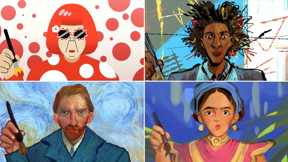 Four illustrated portraits of artists: top left features a person with red dots and sunglasses; top right shows a person with spiky hair and a paintbrush; bottom left depicts a bearded man in blue; bottom right is a woman in colorful clothes, celebrating the 2026 CalArts Producers' Show Opening. Frame from Stash Magazine article.