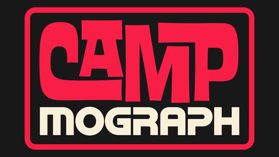 Bold, stylized text logo for Camp Mograph 2026 with CAMP in large red letters above mograph in cream letters, both set on a black background outlined with a red border. Frame from Stash Magazine article.