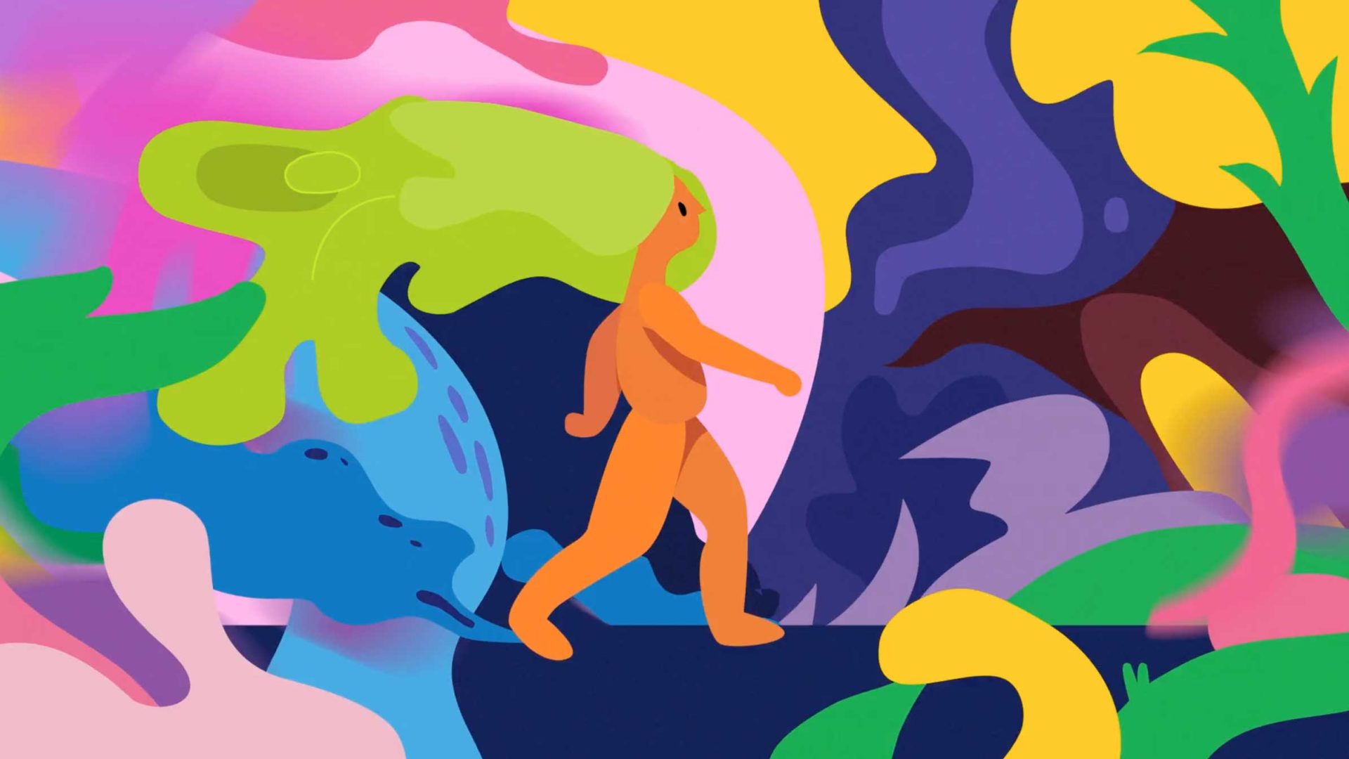 A stylized, abstract illustration inspired by ManvsMachine, featuring an orange human figure with green hair walking through a colorful, surreal landscape of wavy, organic shapes in pink, yellow, blue, and purple. Frame from Stash Magazine article.