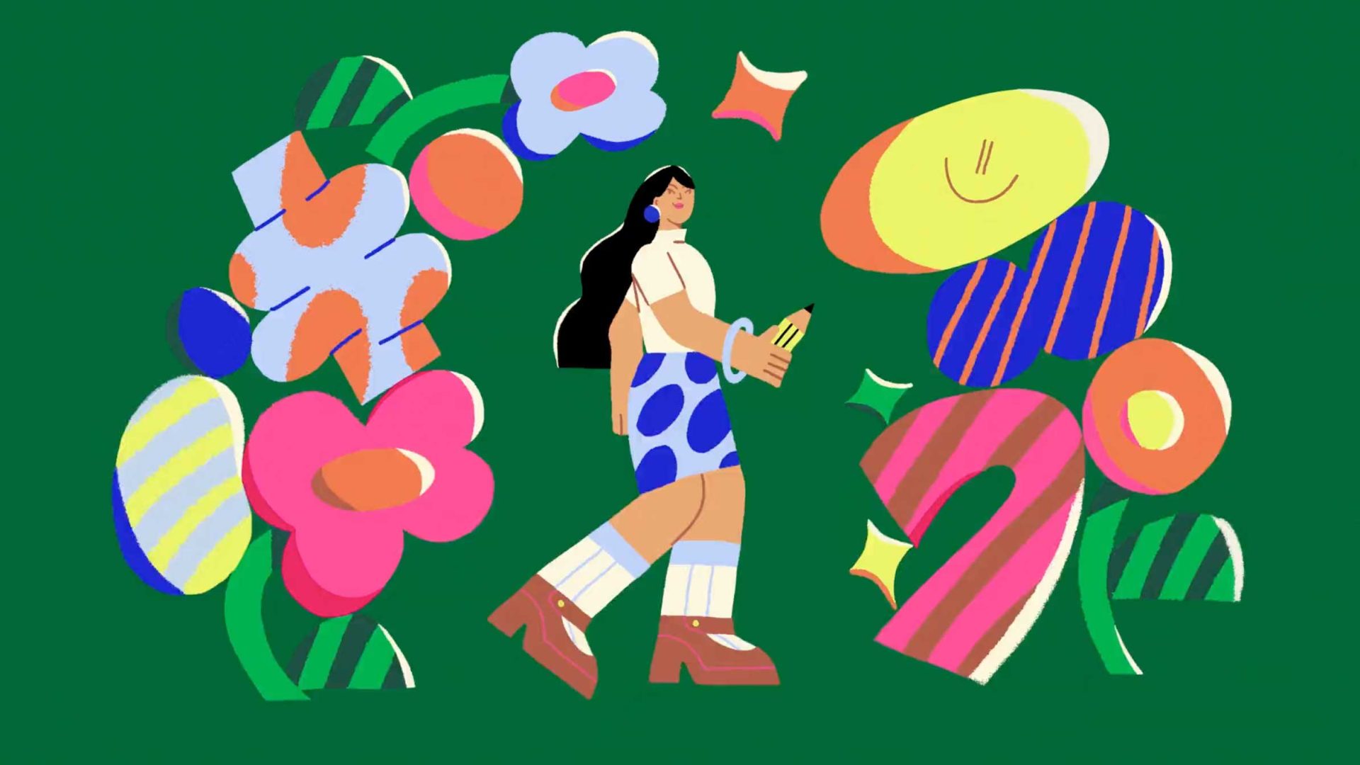 A woman with long black hair, wearing a white top, blue polka-dot skirt, and boots, walks among large colorful cartoon flowers and abstract shapes on a green background—a playful scene inspired by ManvsMachine. Frame from Stash Magazine article.