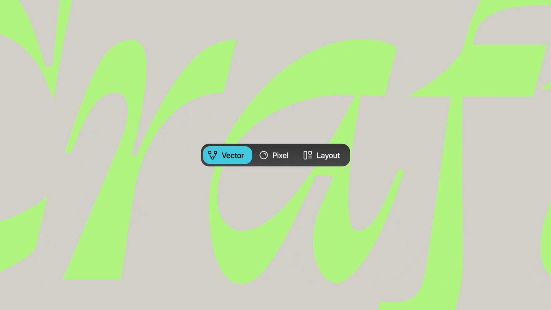 A digital interface inspired by Affinity brand film by ManvsMachine shows three options—Vector (selected), Pixel, and Layout—over a blurred, light green script on a pale gray background. Frame from Stash Magazine article.