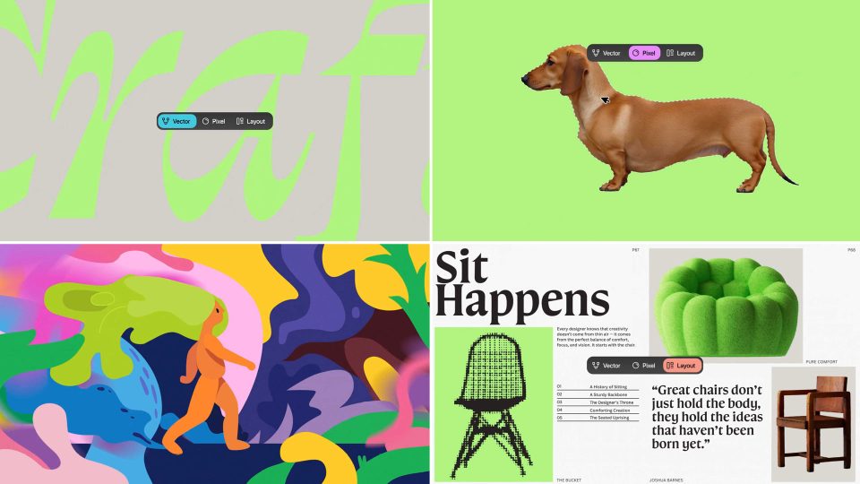 A collage of four images: top left, the word “craft” in green script on a gray background; top right, a brown dachshund on a green background; bottom left, a colorful abstract figure walking; bottom right, a brand film layout by ManvsMachine. Frame from Stash Magazine article.