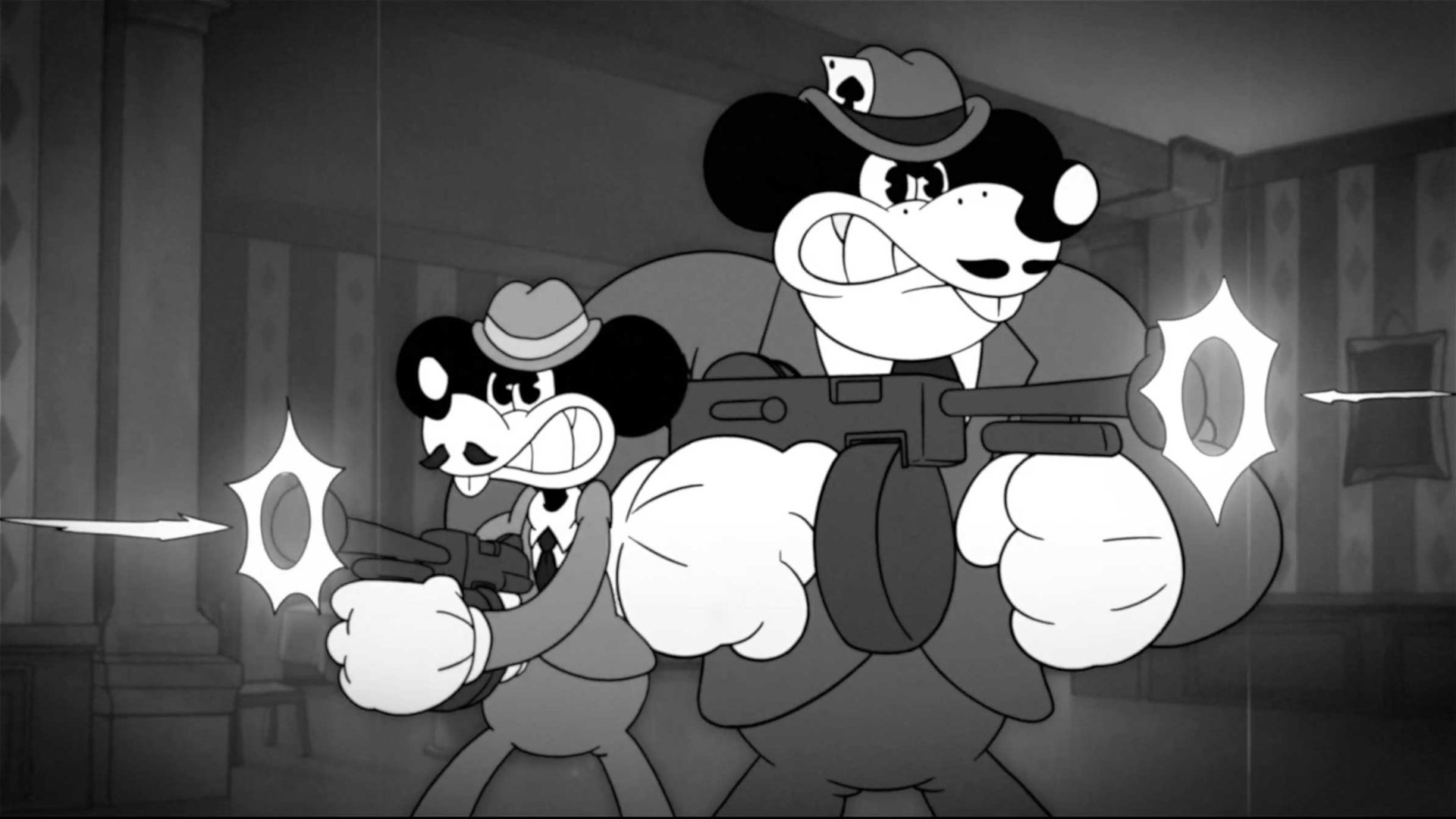 Two cartoon mice dressed as gangsters in suits and hats fire Tommy guns, grimacing fiercely. The black and white scene channels a vintage animation style, evoking the energetic vibe of a Caravan Palace music video about gangster life. Frame from Stash Magazine article.