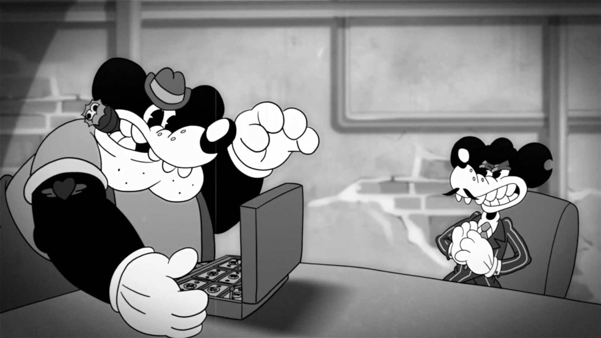 Two cartoon mice in 1930s-style black-and-white animation sit at a table; one, wearing a hat and vest, opens a briefcase full of cash, while the other, dressed in a suit, grins mischievously—living that Gangster Life. Frame from Stash Magazine article.