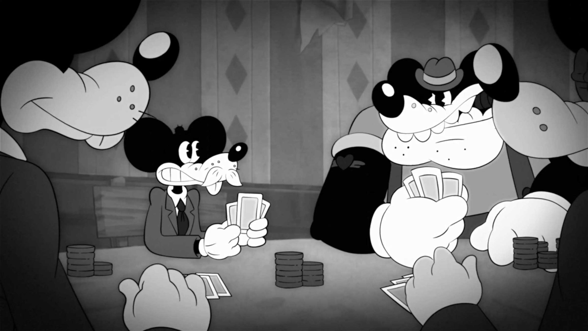 Black-and-white cartoon scene inspired by the Caravan Palace & Mouse PI For Hire music video by Brikk Animation: anthropomorphic animals in 1930s attire play poker at a round table, with expressive faces, cards, and poker chips on display. Frame from Stash Magazine article.