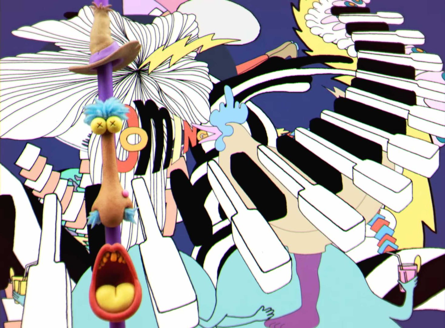 A colorful, surreal illustration inspired by Cassius and Mrzyk & Moriceau features cartoonish faces on a pole in the foreground, with abstract shapes, piano keys, and whimsical patterns filling the vibrant background. Frame from Stash Magazine article.