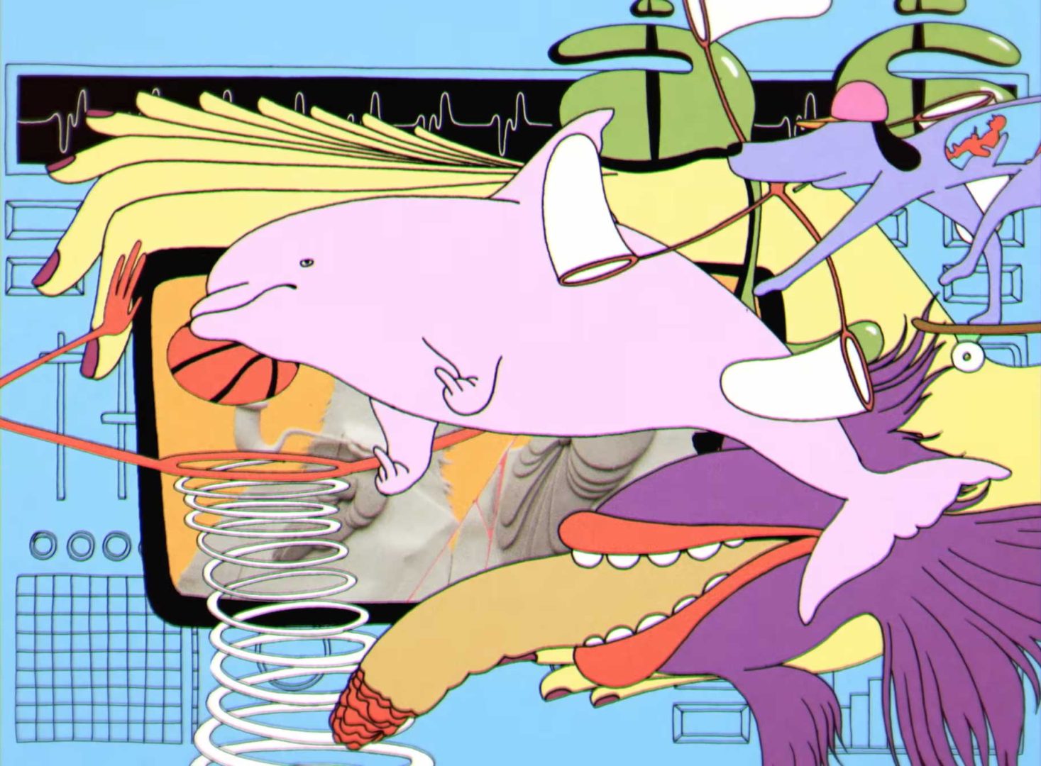 A surreal, colorful illustration inspired by the Cassius Dance On Music Video by Mrzyk & Moriceau and Division, featuring a pink dolphin with arm floats, abstract shapes, a purple creature with sharp teeth, a basketball, and swirling lines over medical monitor elements. Frame from Stash Magazine article.