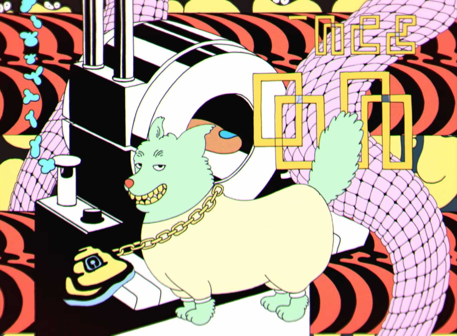 A cartoonish dog with pale fur, a gold chain, and a sly grin stands in front of abstract machinery, surrounded by colorful swirling patterns and yellow geometric shapes—channeling the playful spirit of Mrzyk & Moriceau. Stylized bones and hearts appear on the left. Frame from Stash Magazine article.