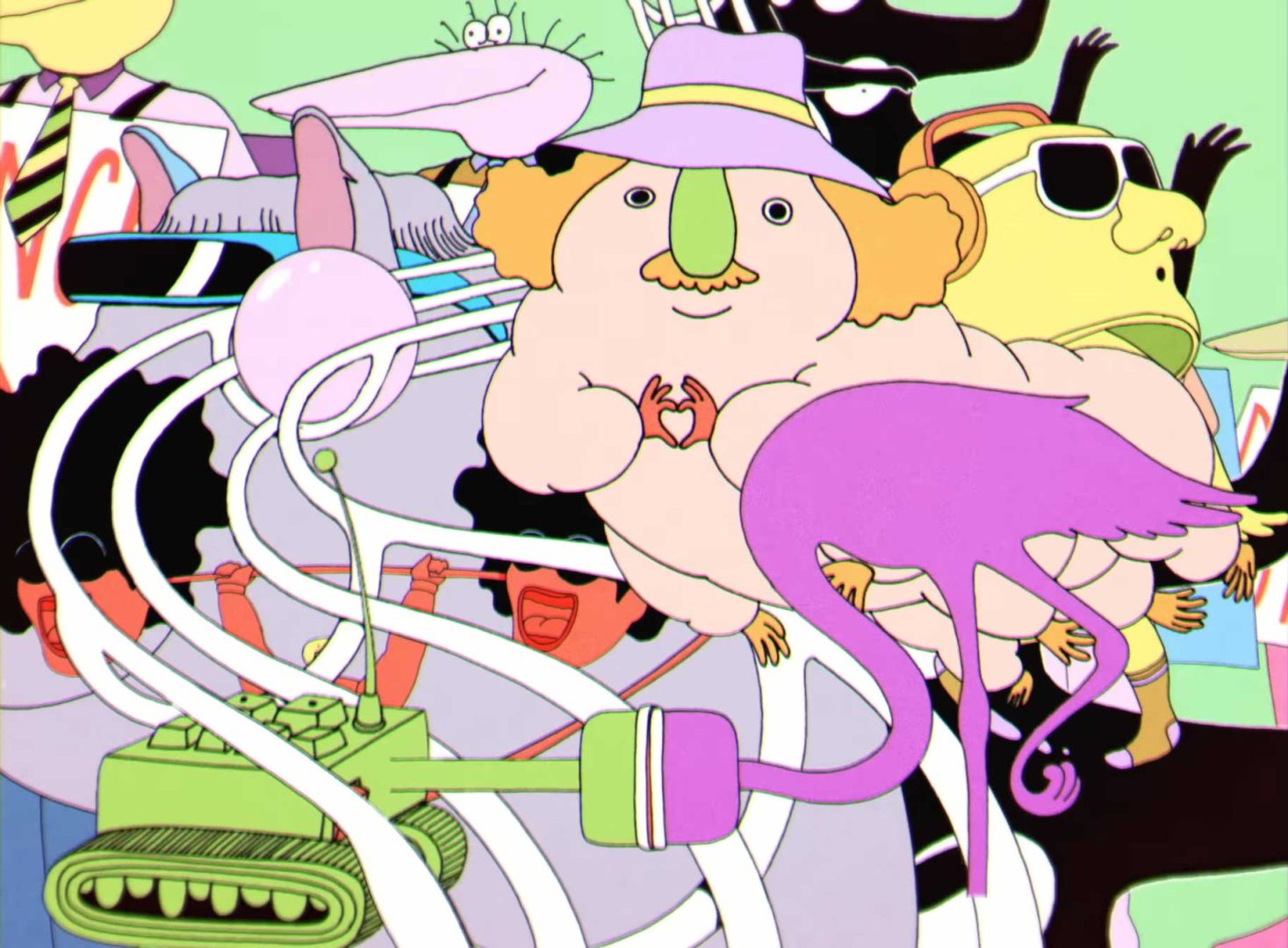 A whimsical cartoon scene in a lively, abstract style inspired by Mrzyk & Moriceau, featuring colorful, surreal characters—a mustached figure with a purple hat, a pink flamingo, green tank, and animated shapes—all ready to Dance On. Frame from Stash Magazine article.