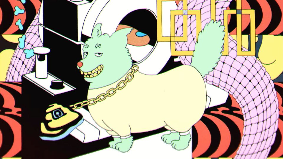 A cartoon dog with a mischievous grin and gold chain stands in a surreal, colorful setting inspired by Mrzyk & Moriceau, with abstract shapes, a washing machine, a large purple tail, and two yellow rectangles in the background. Frame from Stash Magazine article.