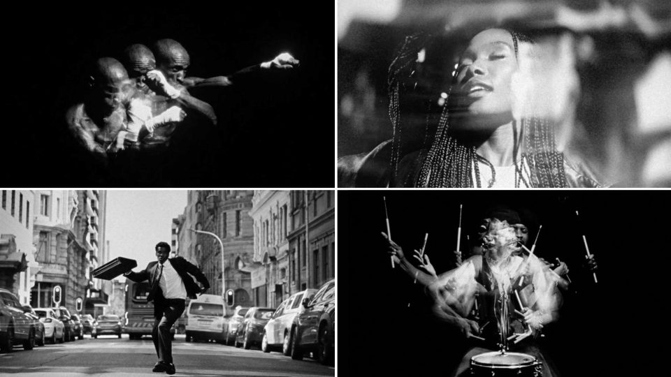 A collage of four black-and-white images: a person boxing, a woman singing, a man running in a city street, and a drummer in motion—each with blurred effects showing dynamic movement. Inspired by director Zee Ntuli’s evocative storytelling in the "African Time" Castle Milk Stout campaign, the composition captures the vibrant pulse of urban life and creative energy. Frame from Stash Magazine article.