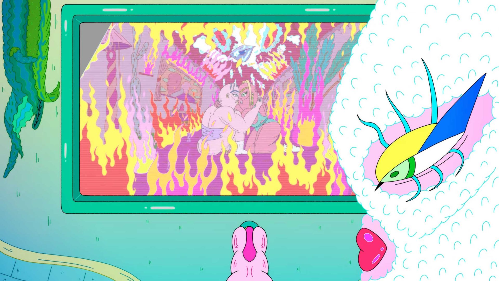 A pink creature watches a TV showing animated figures surrounded by flames, while a colorful fish and seaweed are nearby. The scene is vibrant and surreal, reminiscent of Adult Swim’s offbeat style and the imaginative flair of Cheng-Hsu Chung. Frame from Stash Magazine article.