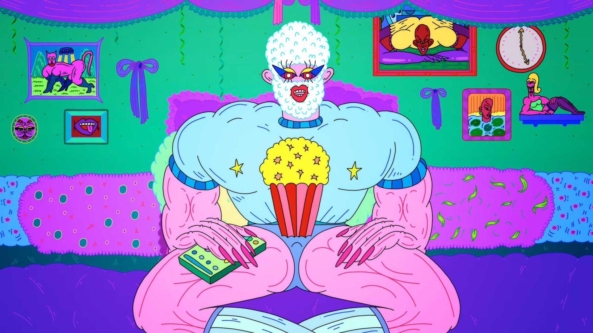 A muscular, cartoonish character reminiscent of a Muscle Queen with white curly hair sits on a purple couch, holding popcorn and a remote. The room channels Adult Swim vibes, decorated with vibrant, surreal art by Cheng-Hsu Chung, set against green walls and purple curtains. Frame from Stash Magazine article.