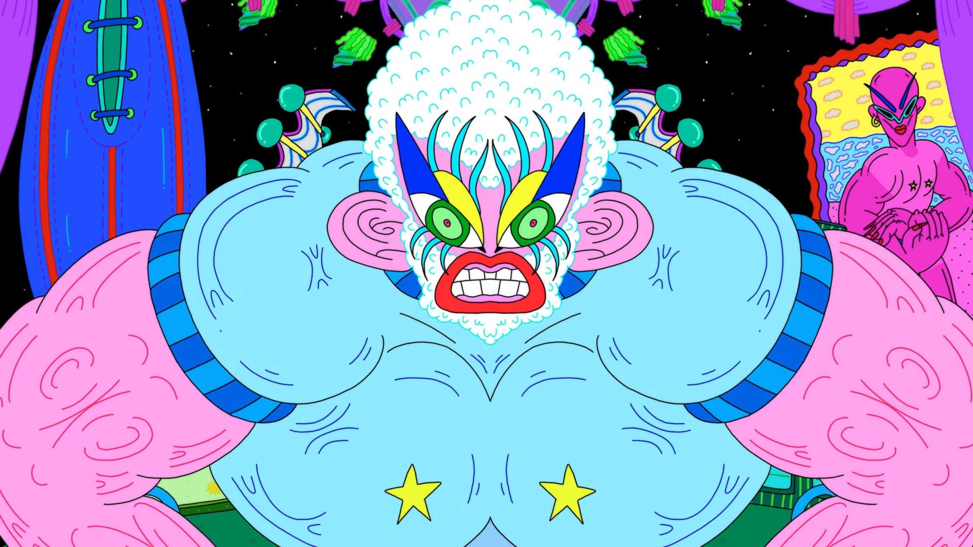 A colorful, muscular cartoon character known as the Muscle Queen, with a wild mask and fluffy white hair, stands with a fierce expression. The background features other bizarre, alien-like figures and abstract shapes in bright colors reminiscent of Adult Swim and the vibrant style of Cheng-Hsu Chung. Frame from Stash Magazine article.