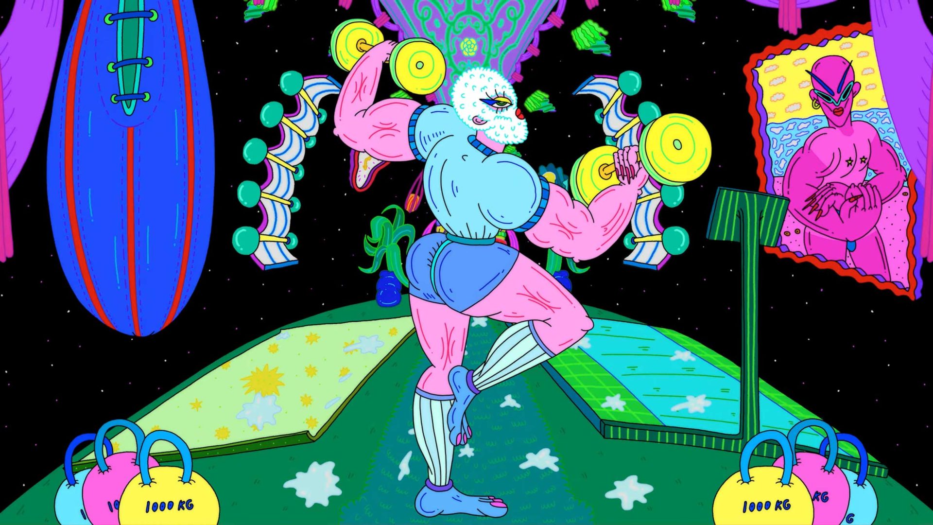 A colorful, muscular creature with animal features lifts yellow dumbbells in a surreal, space-like room, surrounded by quirky objects and vibrant patterns—an imaginative scene where Cheng-Hsu Chung channels the Muscle Queen for Adult Swim. Frame from Stash Magazine article.