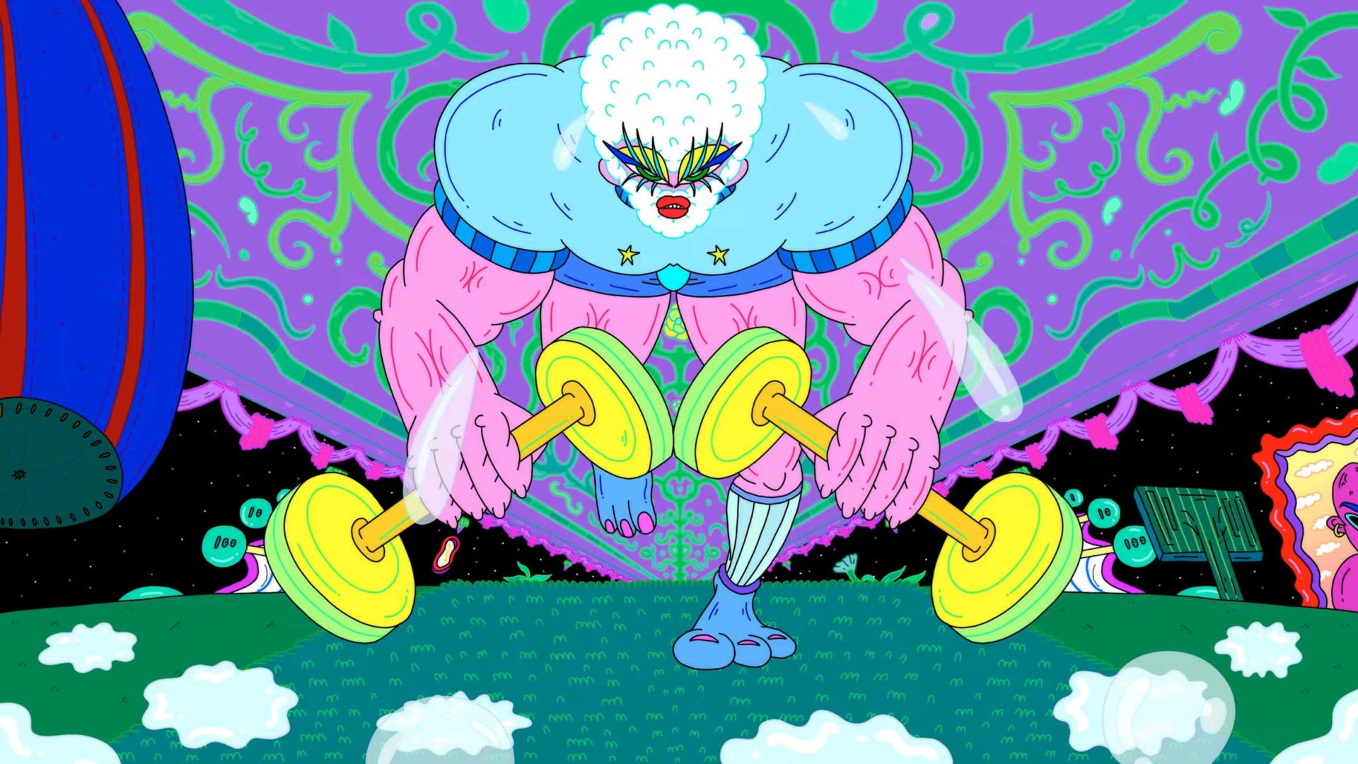 A cartoon figure with curly white hair, muscular pink arms, and blue attire lifts large yellow dumbbells on a vibrant, surreal background with bold green and purple patterns, channeling the quirky Muscle Queen style reminiscent of Cheng-Hsu Chung’s Adult Swim animations. Frame from Stash Magazine article.