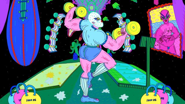 A colorful, surreal figure with four arms lifts dumbbells in a bizarre gym with vibrant decor, large weights, a surfboard, and abstract art on the walls. Channeling the eccentric energy of Cheng-Hsu Chung’s Muscle Queen for Adult Swim, the scene is filled with bold, neon colors and imaginative details. Frame from Stash Magazine article.