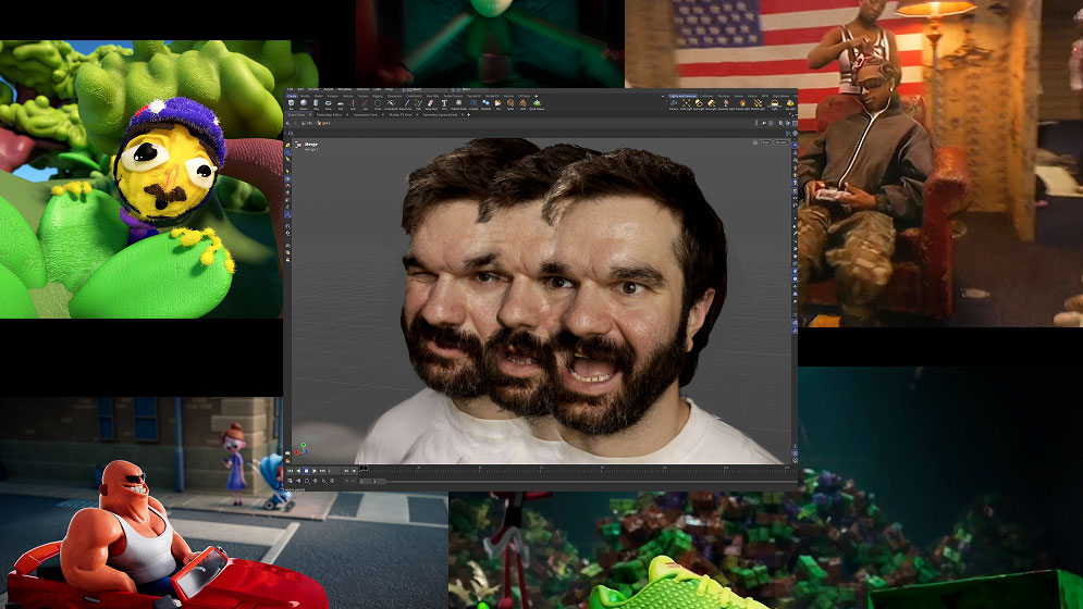 A 3D modeling software window shows a man’s face duplicated and overlapped, surrounded by animated characters and scenes—including a broccoli biker, a muscular red figure in a car, and other surreal images—reflecting the imaginative style Christopher-Rutledge-joins-Hornet-Roster brings to his creative work. Frame from Stash Magazine article.