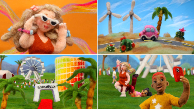 Four colorful felted wool scenes inspired by the Coachella 2026 visual identity film by Andrea Love and Hornet: A woman with sunglasses poses; a car drives past wind turbines; crowds enter a festival gate; two people take a selfie near tents. Frame from Stash Magazine article.