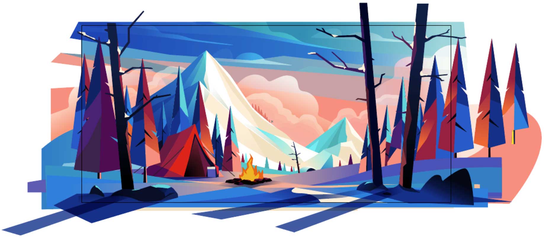 Colorful illustration of a campsite with tents, campfire, bare trees, and snow-capped mountains beneath a vibrant sky—a scene that captures the adventurous spirit of Concept Travel. Frame from Stash Magazine article.