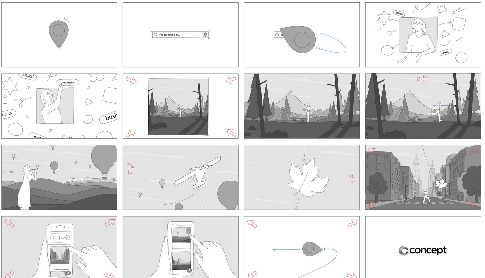 A storyboard with 16 panels shows a person using a GPS map on a mobile device, following the Concept Travel route through outdoor and city scenes, taking photos, and ending with the word "concept" on a blank Jumbla screen. Frame from Stash Magazine article.