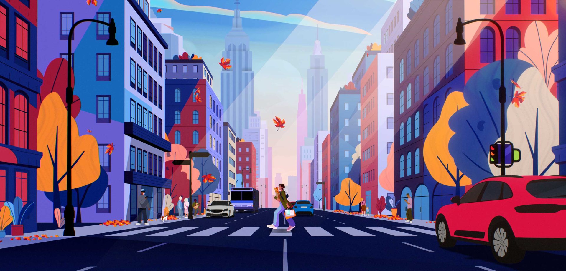 A person rides a skateboard across a city crosswalk, surrounded by colorful autumn trees and tall buildings. Cars are stopped at the intersection as leaves fall through the vibrant scene—a perfect moment to take flight on your next concept travel adventure. Frame from Stash Magazine article.