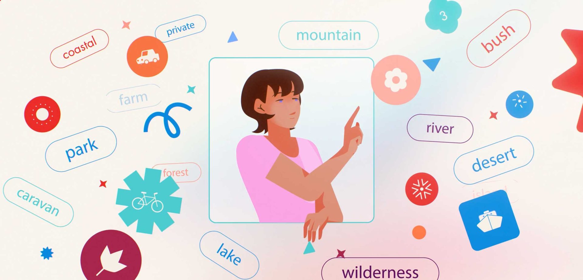 An illustrated person in a pink shirt is thinking, surrounded by floating words like “mountain,” “river,” and icons of trees, bikes, and flowers, evoking the spirit of Concept Travel and inviting viewers to Take Flight with Jumbla’s creative touch. Frame from Stash Magazine article.