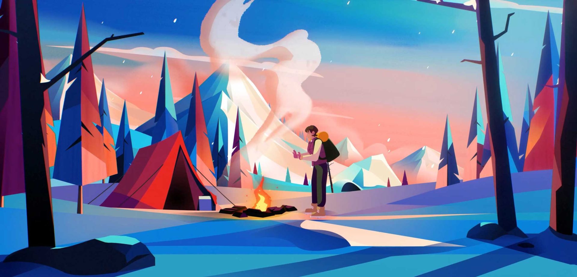 A person stands by a campfire near a red tent in a colorful, stylized mountain landscape at sunset in this Concept Travel spec commercial by Jumbla. Smoke rises as snowy peaks and trees frame the vibrant, adventurous scene. Frame from Stash Magazine article.