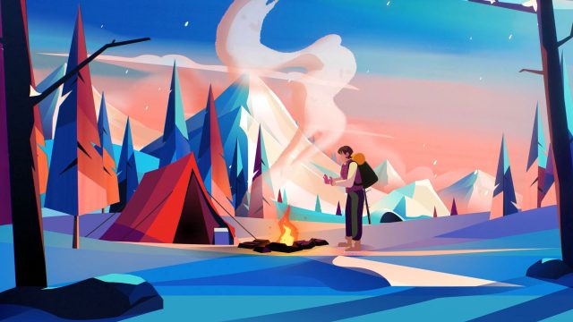 A person stands by a campfire near a red tent in a colorful, snowy mountain landscape, tall pine trees framing the scene. Smoke rises from the fire under a pastel sky at sunrise or sunset in this Concept Travel spec commercial by Jumbla. Frame from Stash Magazine article.