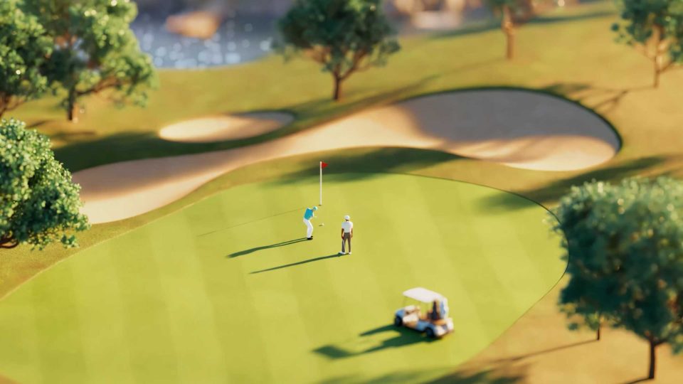 Aerial view of two people on a golf green, one putting near the flag, with a golf cart nearby, surrounded by sand traps and trees—creating a scene reminiscent of a picturesque mini golf course designed by Cub Studio. Frame from Stash Magazine article.