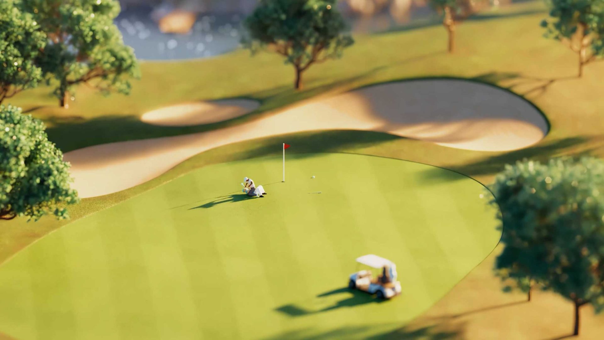 A person kneels on a golf green near a hole with a red flag, perhaps after some Mini Golf putting gone wrong. A golf cart is parked nearby, and sand bunkers and trees surround the area. Frame from Stash Magazine article.